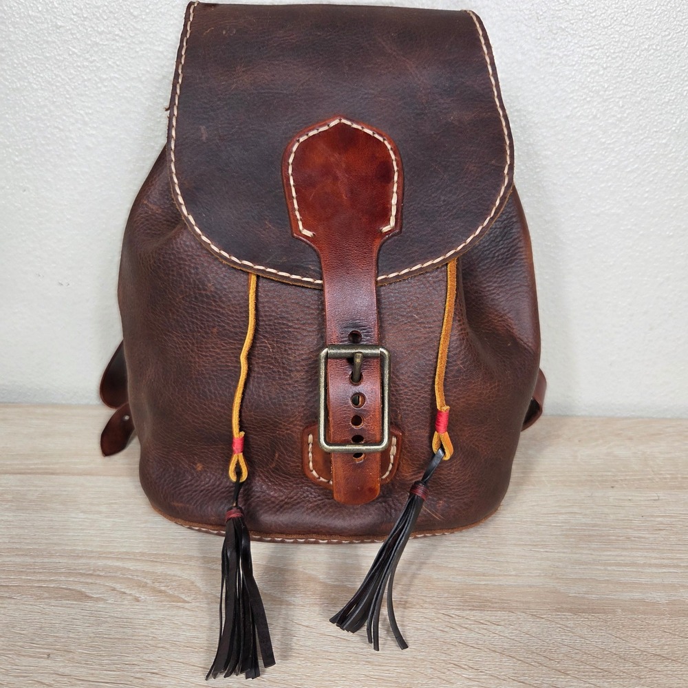 Vintage Brown Genuine Leather Backpack Drawstring Tassel Boho Western Rucksack